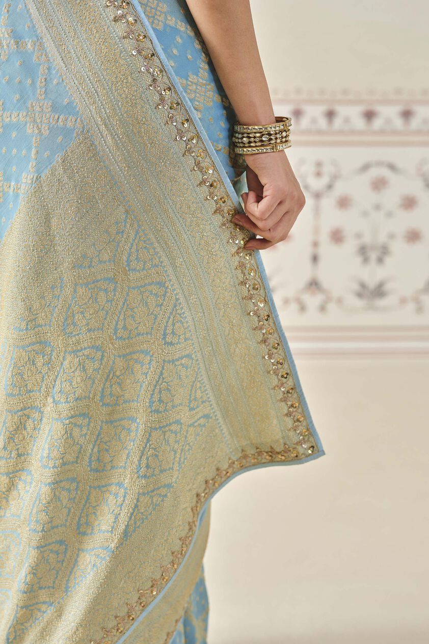 Gul Handwoven Benarasi Gota Patti Silk Saree - Powder Blue, Powder Blue, image 5